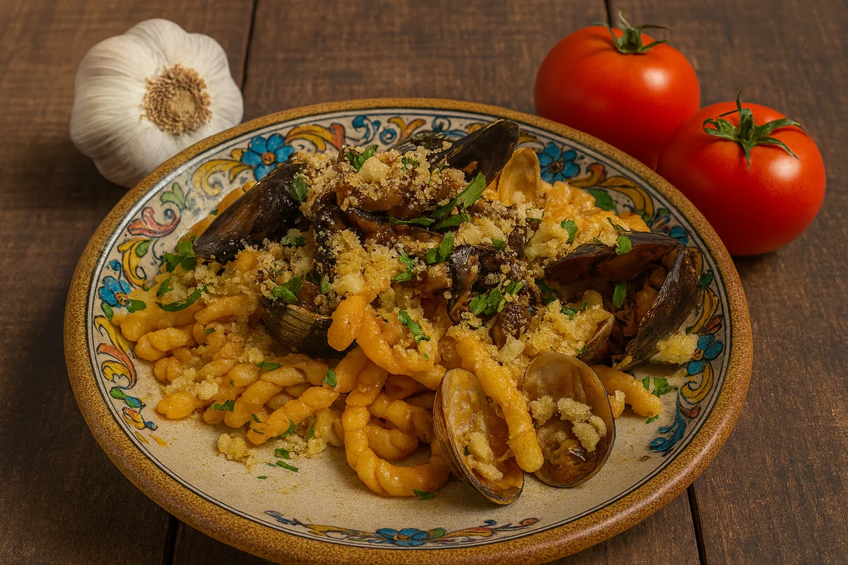 Busiate siciliane con cozze, vongole e pangrattato tostato
