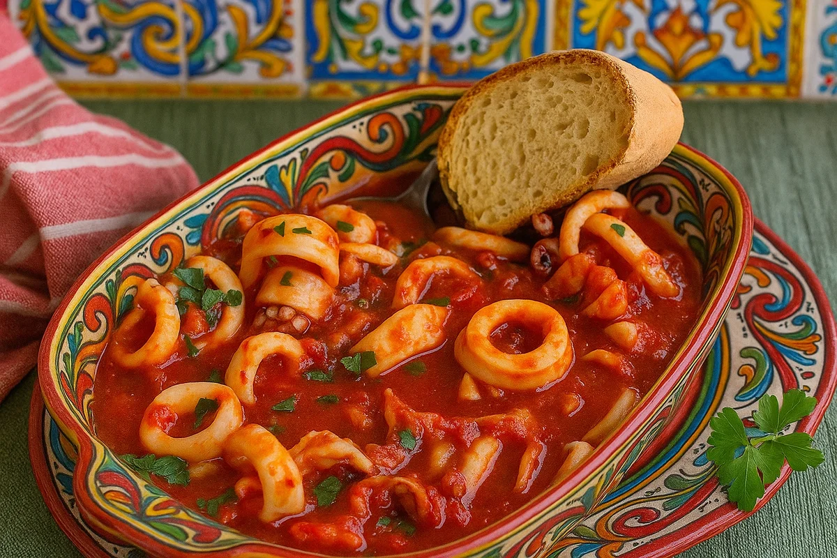 Calamari alla messinese serviti in tegame di terracotta