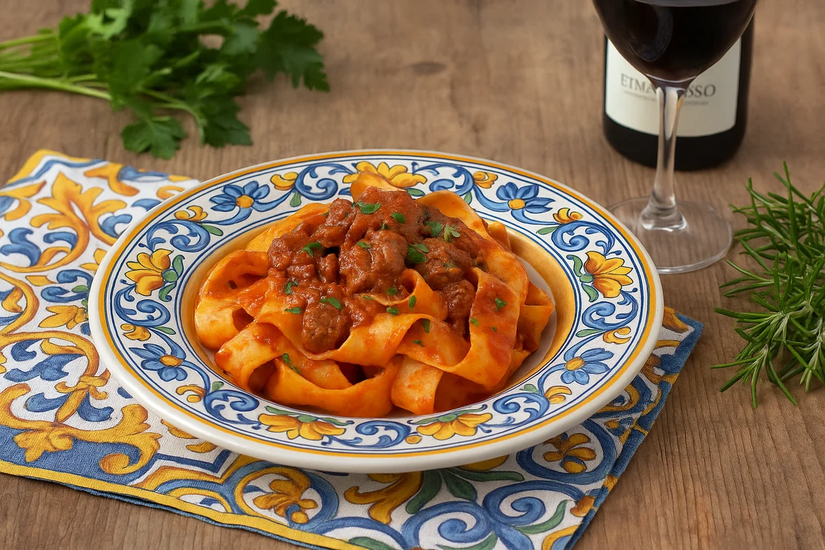 Pappardelle al ragù di cinghiale servite su piatto rustico con erbe aromatiche