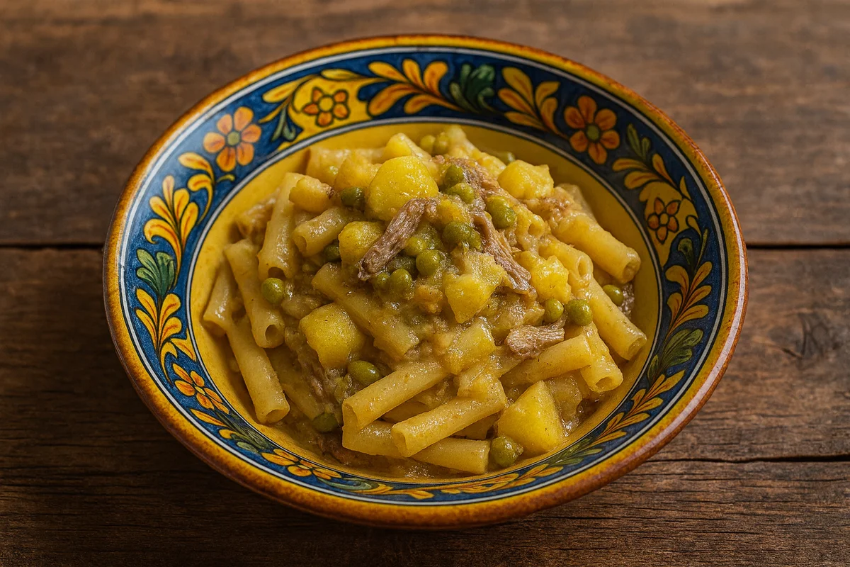 Piatto di pasta agglassata siciliana con patate, cipolle e piselli