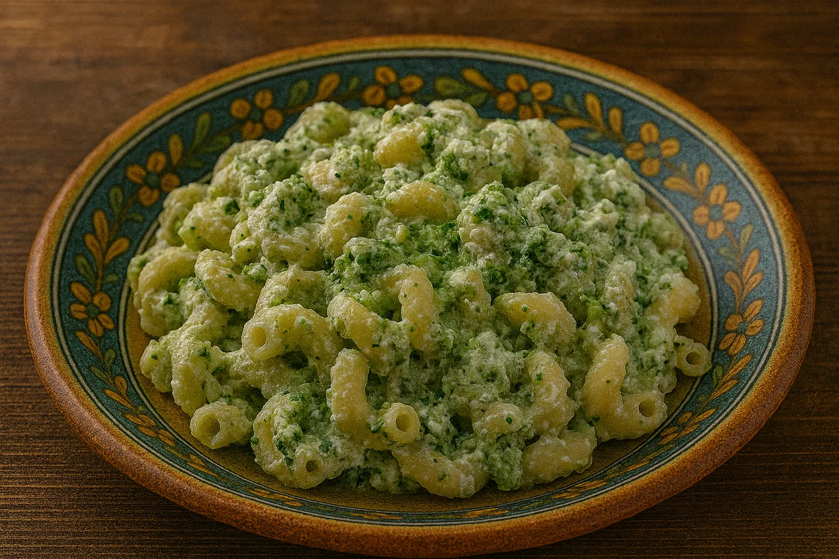 Piatto di pasta con broccoli siciliani e ricotta