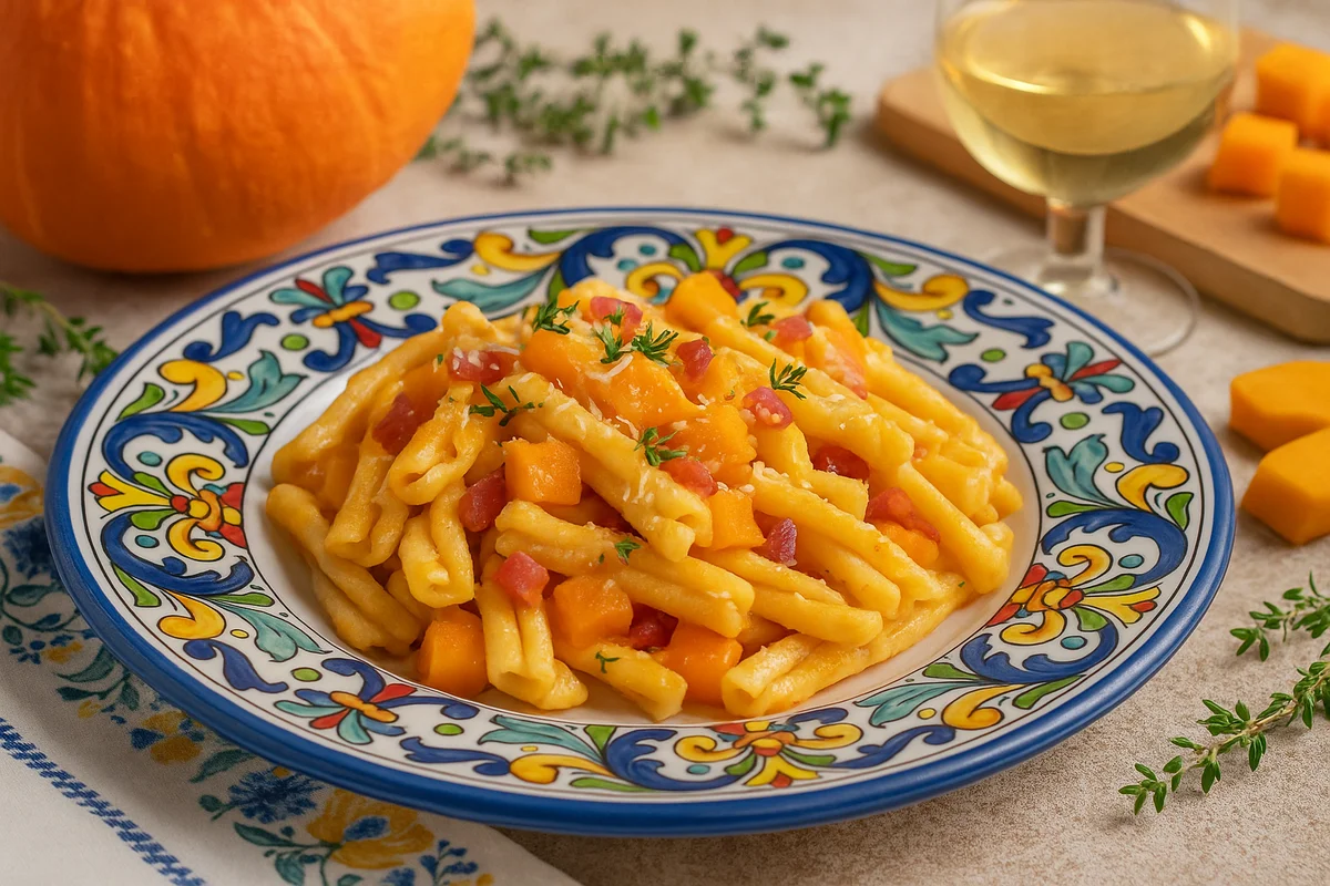 Pasta con zucca e speck cremosa e profumata servita su piatto siciliano