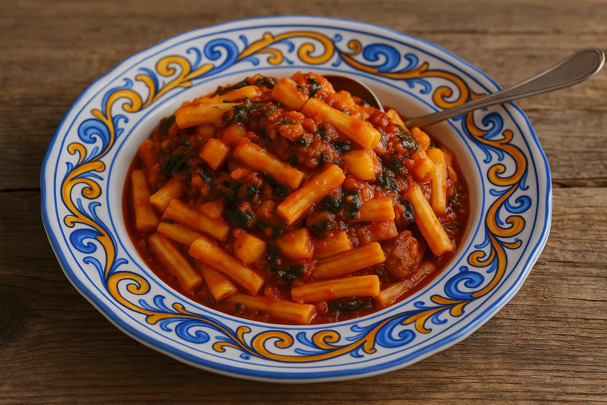 Plate of pasta with trunzu di Aci kohlrabi