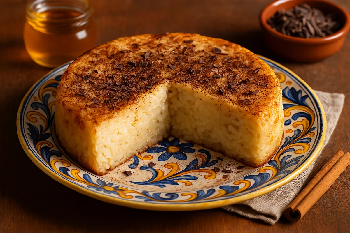 Sformato di riso dolce siciliano con miele e cioccolato su piatto in maiolica